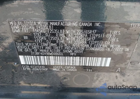 2011 Toyota Rav4 из США, поврежденный, VIN 2T3BF4DV9BW098660